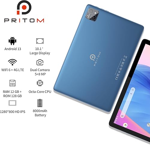Miniatura 2 de PRITOM TAB12 Tablet Android 13 de 10 pulgadas con WiFi 5G, 12 GB de RAM (6 GB gastado), 128 GB ROM, tableta SIM 4G con procesador Octa-Core, 8000