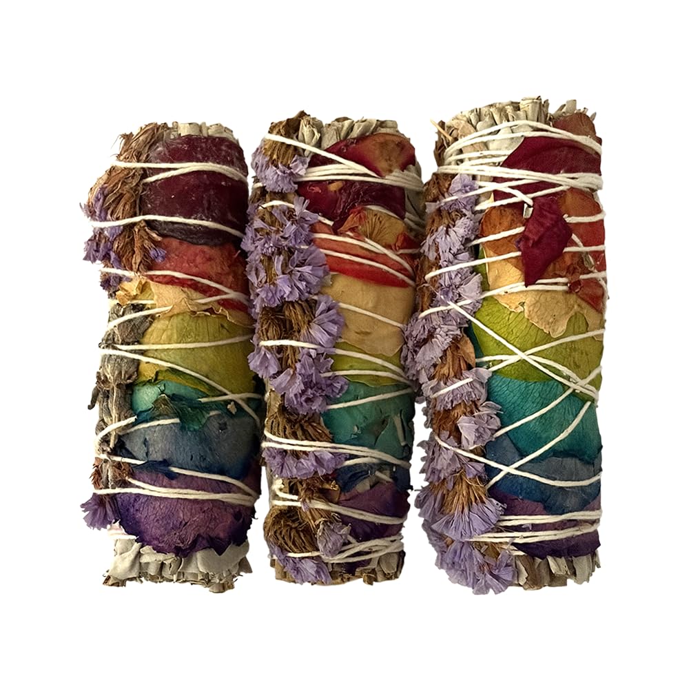 Smudge Stick, White Sage, 7 Chakra Petals and Purple Sinuata 4", Pack of 3