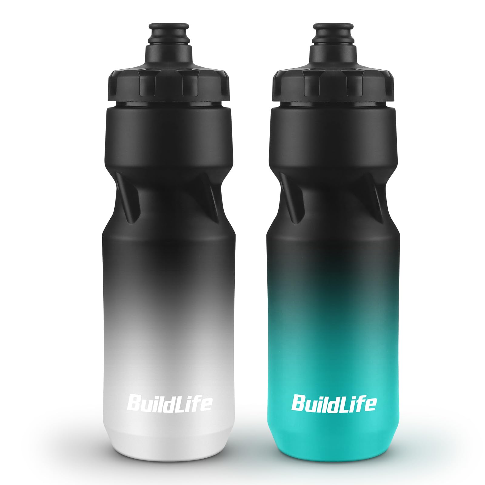 BuildLife 2 Pack Sports Water Bottle, 710ML Squeeze Water Bottle, Biking Water Bottles, BPA Free & Leakproof Cycling Bottles for Hiking, Outdoor Sports Dishwasher Safe (BlackBlue+BlackWhite)