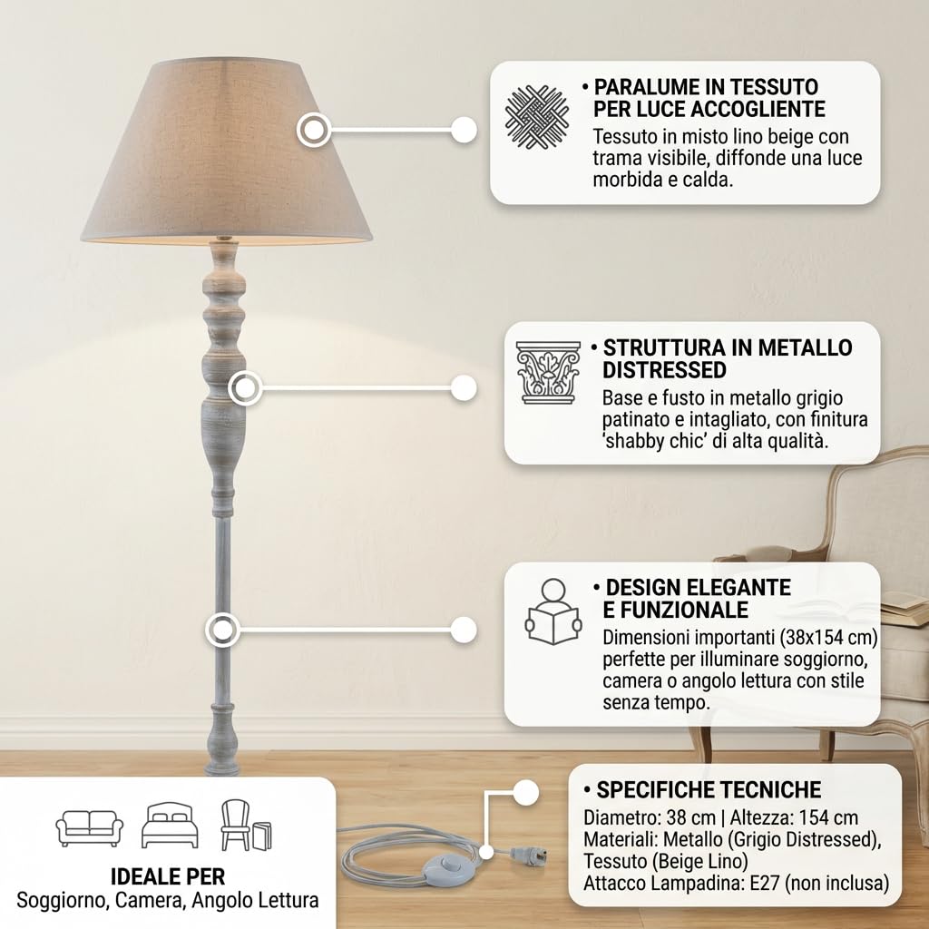 DiKasa Lampada da Terra Classica con Paralume in Tessuto Beige e Base in Metallo Grigio, Design Elegante e Minimal per Soggiorno Camera da Letto e Angolo Lettura 38x154 cm