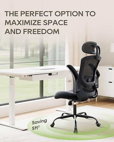 Miniatura 9 de Silla de oficina de malla con soporte lumbar, respaldo alto, reposabrazos abatibles y reposacabezas grande 3D, cómoda silla de escritorio para