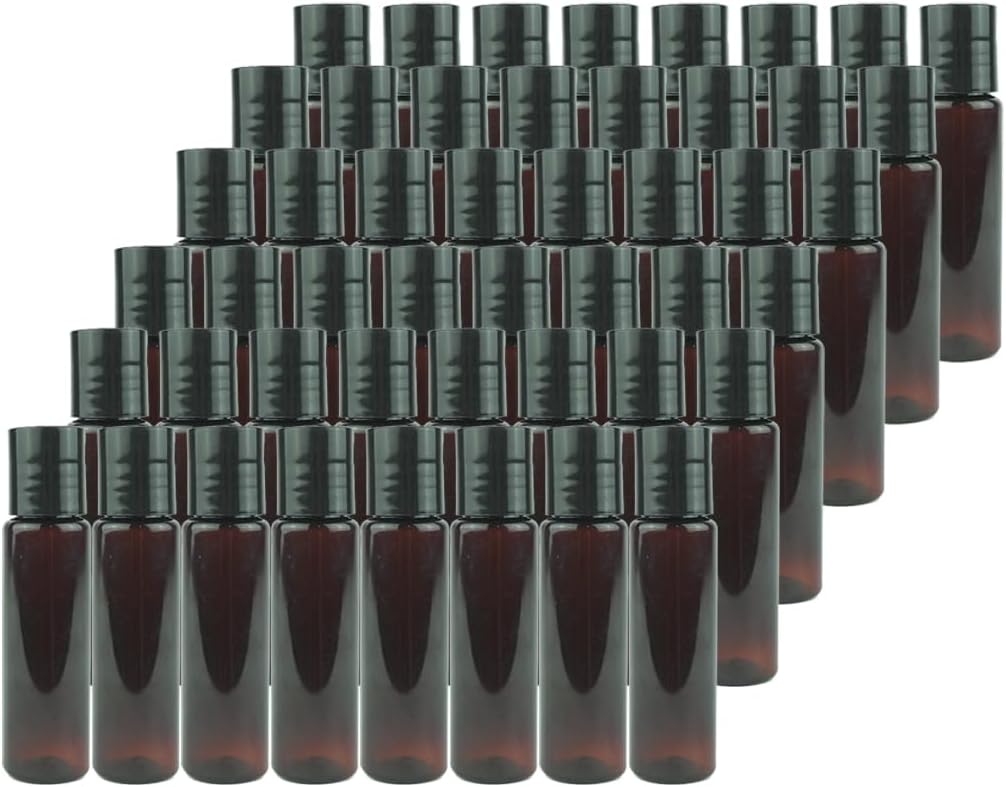 Plastic Amber Bottles (Pack of 48) - 1oz Amber Plastic Bottle with Screw Caps; Used as Reusable Shampoo, Lotion, Travel and Body Wash Container
