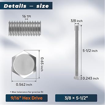 6 Sets Glvaner 3/8-16 x 5-1/2 Stainless Steel Hex Bolts with Hex Nuts, Flat Washers and Lock Spring Washers 304 Stainless Steel 18-8 Full Thread Coverage Coarse Thread