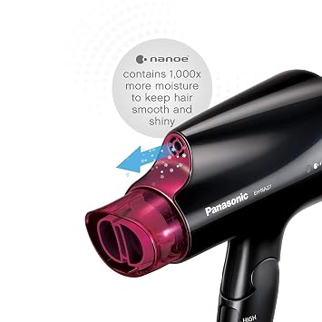 Panasonic nanoe Compact Hair Dryer for Healthy-Looking Hair, 1400W Portable, Folding Handling and Quickdry Nozzle for Fast Drying EH-NA27-K (Black/Pink)