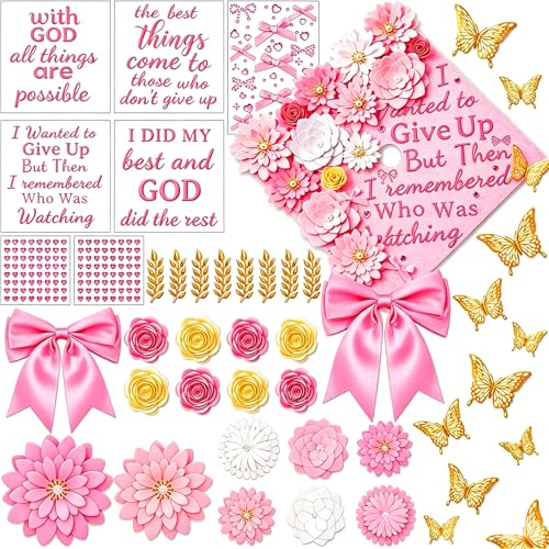 51 Pcs DIY Graduation Cap Decorations Kit 2026 Pink Cap Decor Included Paper Flowers 3D Butterflies Bow Pearls Rhinestones Glitter Letter Stickers for DIY Grad Cap Topper Party Supplies(Pink)