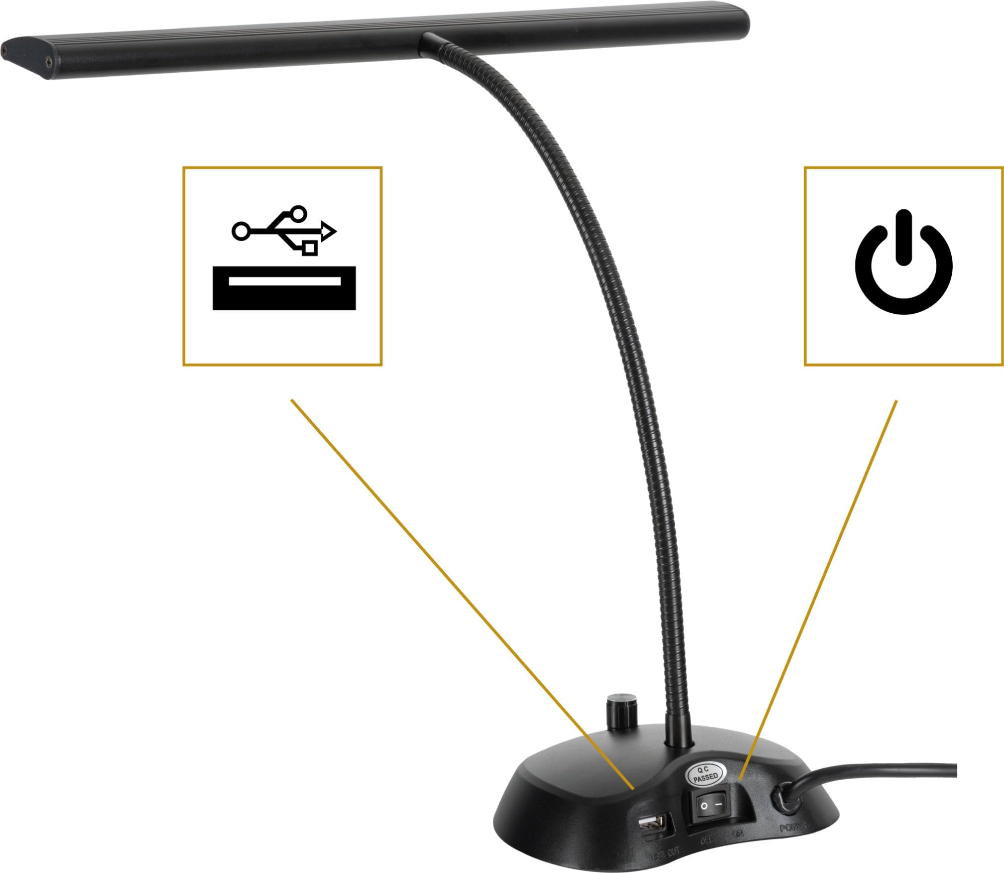 Classic Cantabile 12220 Lampada da Pianoforte Dimmerabile Bianca - 36 LED luminose - Collo d'oca lungo 38 cm - Porta di ricarica USB integrato per smartphone o tablet - Nero