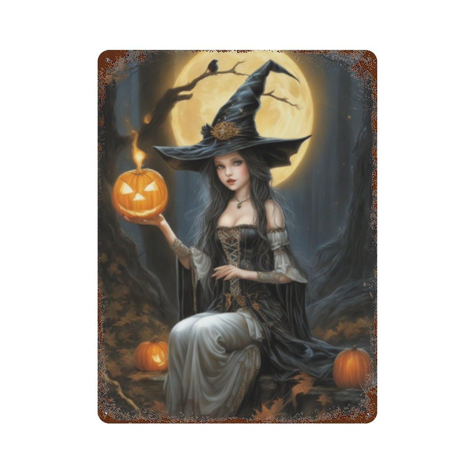 Rust Effect Halloween Witch Holding Pumpkin Aged Metal Wall Plaque 15.7"x11.8", Shabby Chic Decor for Living Room, Hallway And Home Decor
