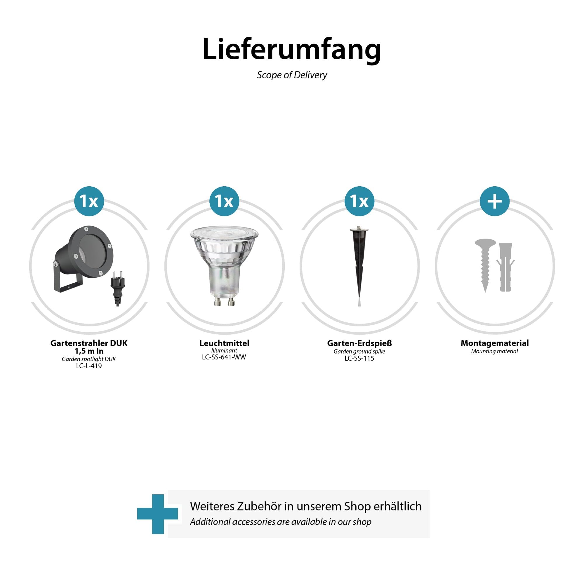 ledscom.de 6-elementowy reflektor ogrodowy LED DUK w kolorze antracytowym z kołkiem do wbijania w ziemię, do użytku na zewnątrz, IP65, w zestawie reflektor LED GU10 (ciepła biel, 5,4 W, 510 lm,
