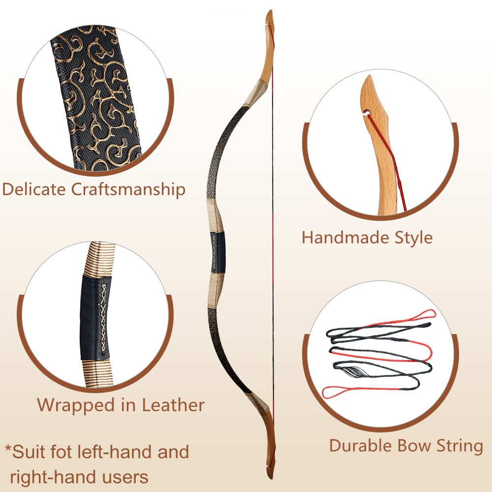 Huntingdoor Longbow Set Arco e Freccia per Adulti 30-50lbs Arco Tradizionale Arco Ricurvo Arco da Cavallo con Frecce in Legno Accessori per Tiro con L'Arco per Pratica del Bersaglio (40lbs)