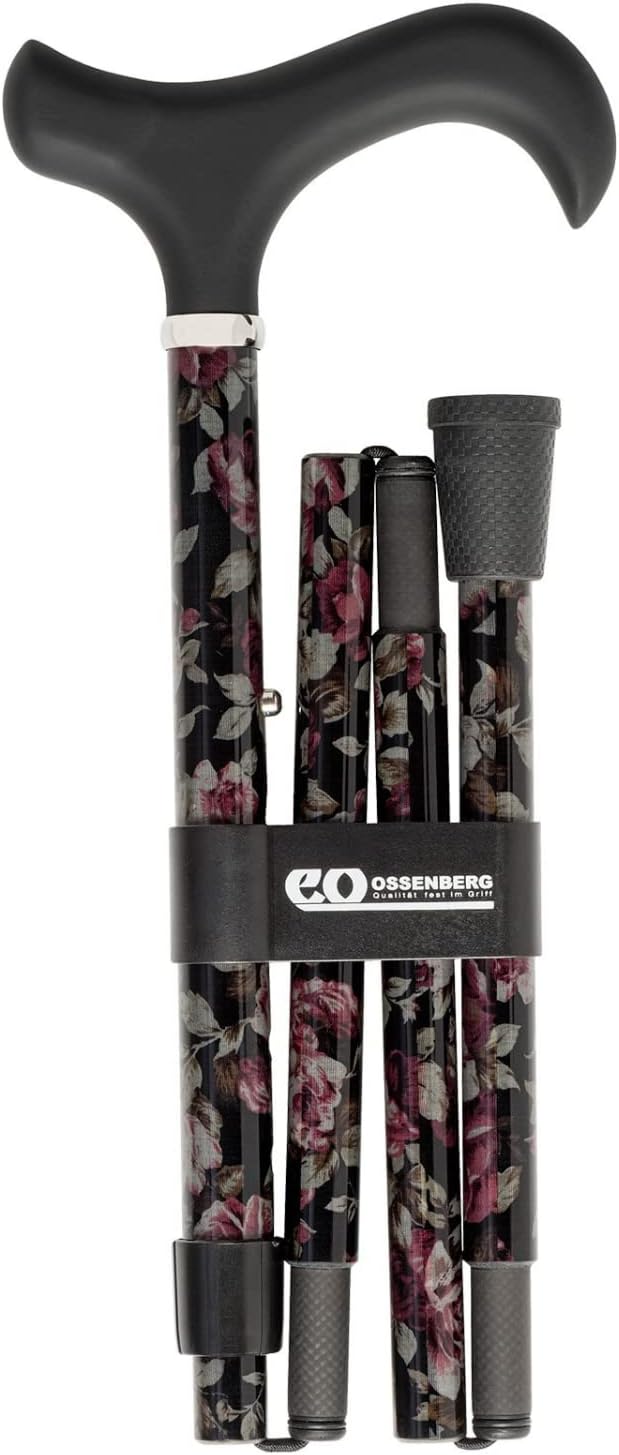 Ossenberg Ergonomic Dynamic Soft Touch Derby Handle German Make Carbon Fibre Folding Walking Stick with Storage Bag (Floral)