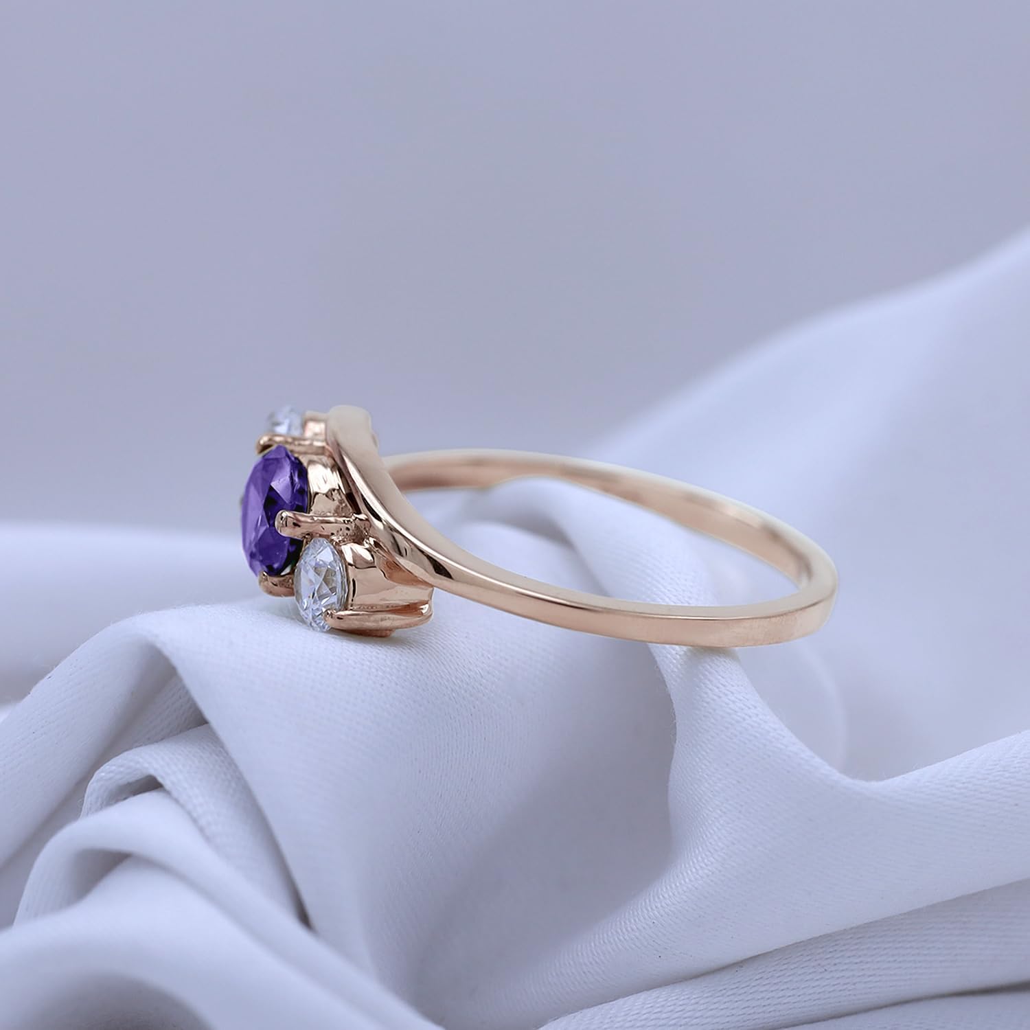 Round Cut Simulated Birthstone & White Cubic Zirconia Three Stone Bypass Engagement Ring for Women in 14k Gold Plated Sterling Silver Womens Jewelry, Gift for Her