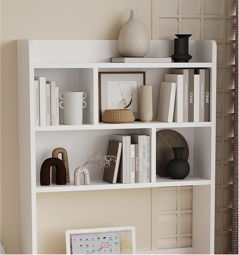 Biurko z litego drewna z wbudowaną półką na książki – nowoczesny prosty design do domowego biura i sypialni, białe, 75 x 50 x 185 cm, zajmujące mało miejsca meble do nauki