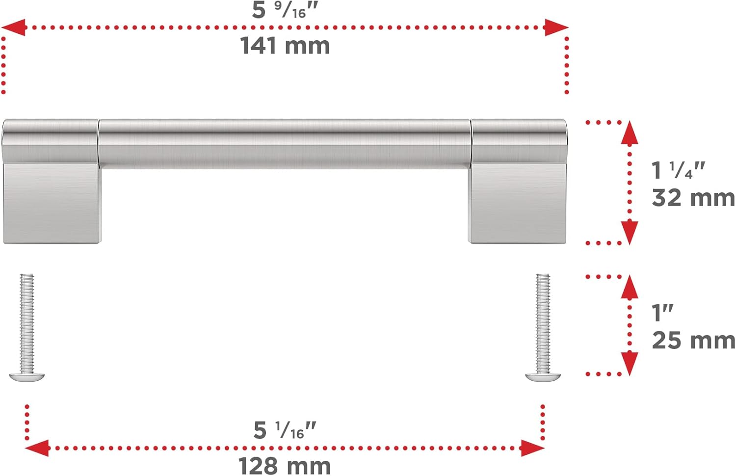 Richelieu BP527128195 Avellino Collection Brushed Nickel Cabinet Handle 5 1/16 inch (128 mm) Center to Center Cabinet Bar Pull, Modern Drawer Pull for Kitchen, Bathroom, and Dresser, 1 Pack