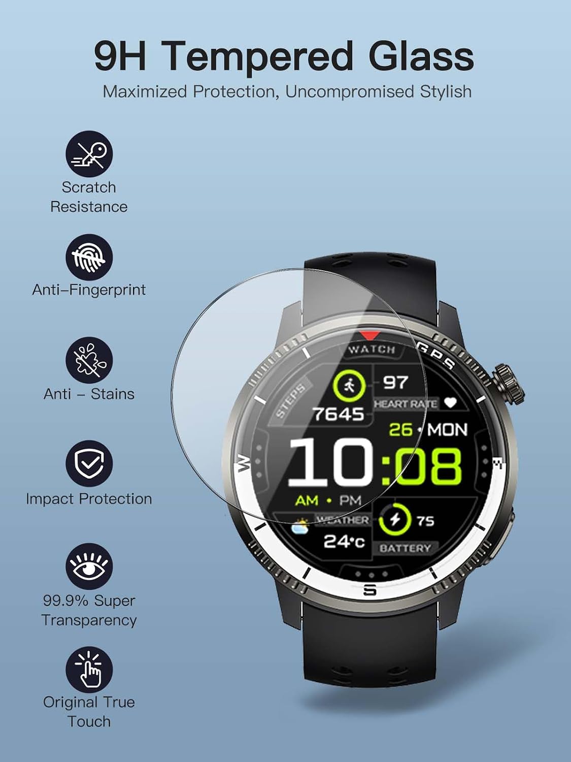2 Pack Screen Protector for Motast S97 Smart Watch 1.43 inch, 9H Hardness Tempered Glass for Motast S97 SmartWatch, 2.5D Round Edge,Anti-Scratch, Bubble Free, HD Clarity