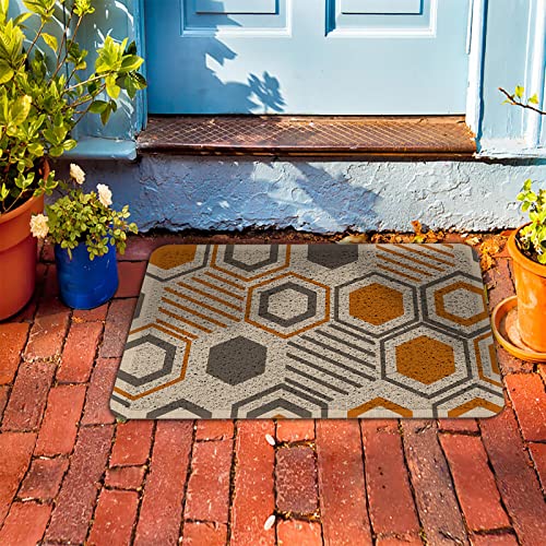 Fantasy Staring Abstract Geometry Outdoor Indoor Entrance Doormat Gray And Orange Hexagon Retro Linen Texture Front Welcome Door Mats Inside Outside Rugs, Waterproof Non Slip And Durable 24" X 35" #TOP4