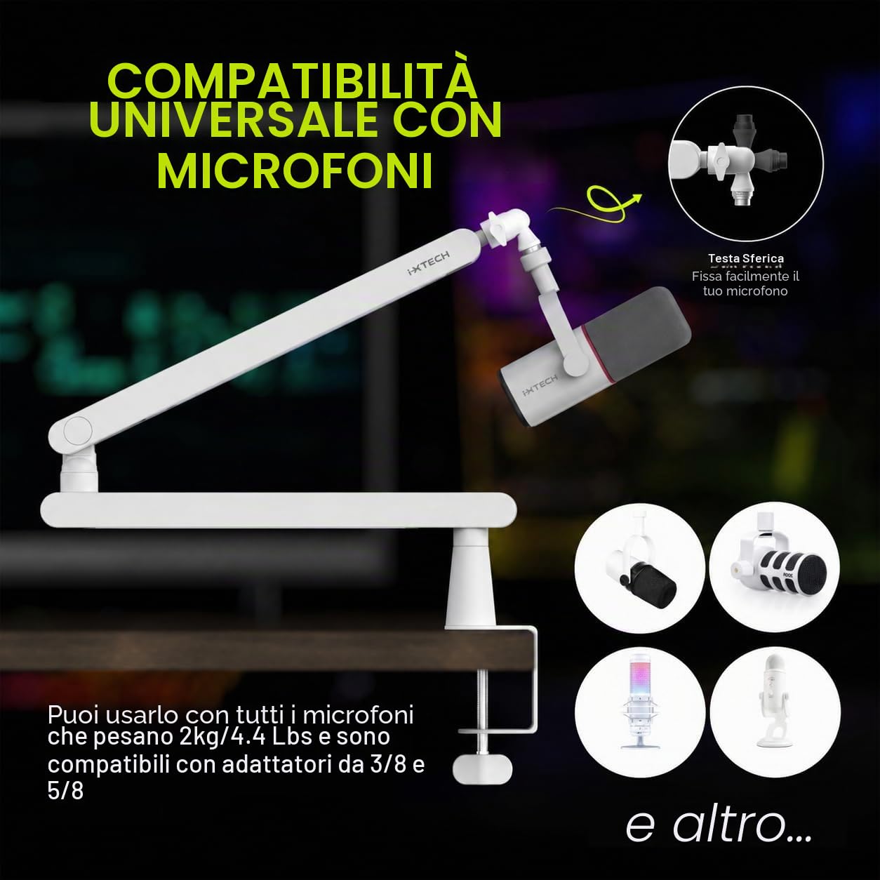 IXTECH Braccio per microfono regolabile girevole a 360°, supporto per microfono a profilo basso con staffa universale completamente regolabile per professionisti, braccio boom per microfono