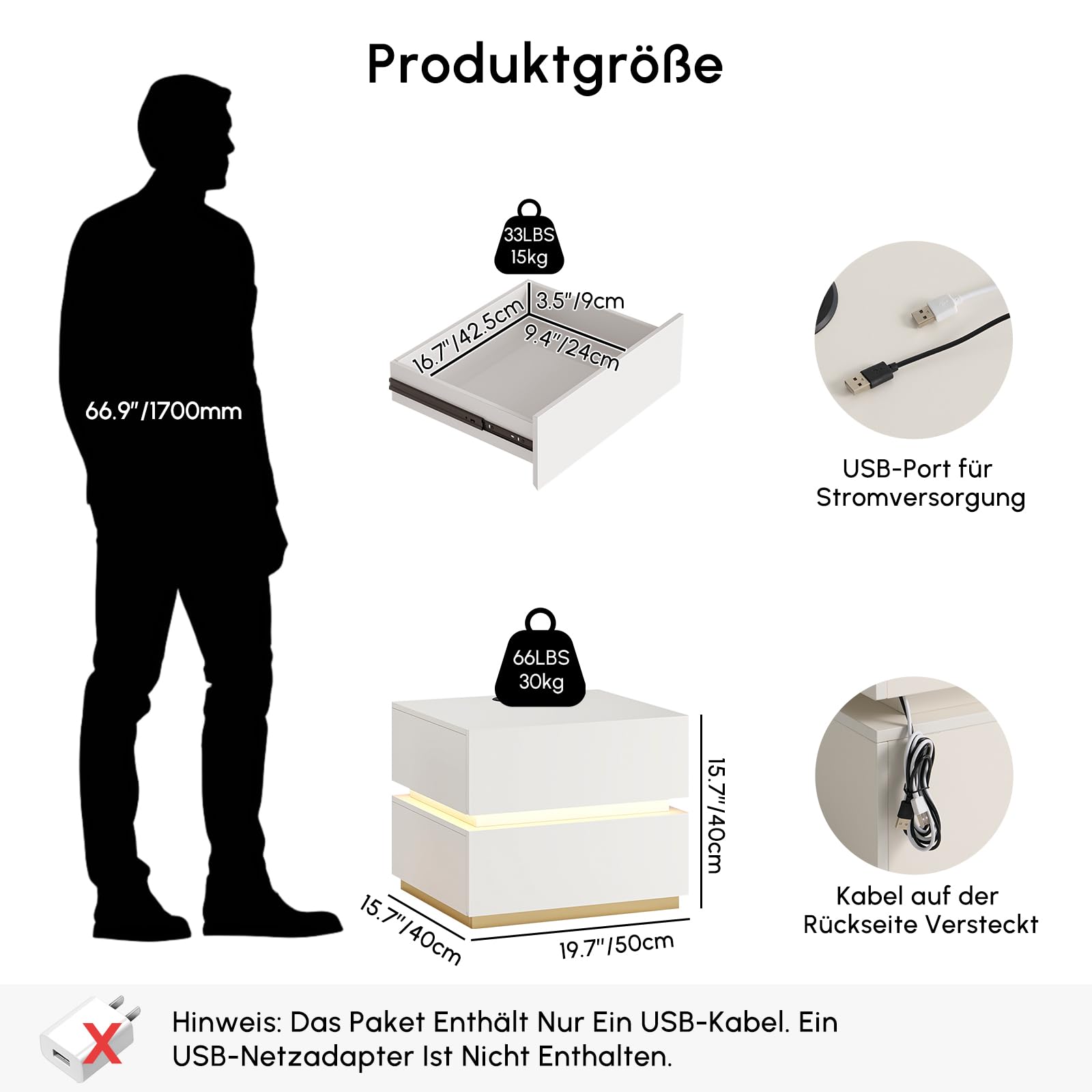 Homary LED Smart Nachttisch mit kabelloser Ladestation, Nachttisch mit Schubladen & USB-Anschlüssen, Modernes Nachtkästchen mit LED-Beleuchtung für Schlafzimmer (Led Weiß 2 Schubladen)