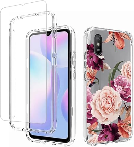Funda para Redmi 9A M2006C3LGRedmi 9i M2006C3LII con protector de pantalla de vidrio templado, cuerpo completo transparente con protección de diseño