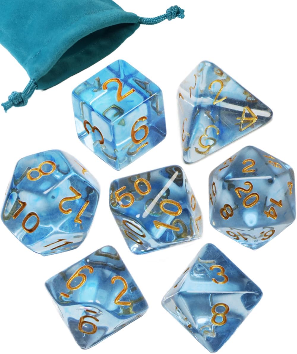 Transparent Polyhedral Dice Set for D&D - Crystal-Clear 7-Piece RPG Dice with Drawstring Bag, D&D MTG Tabletop Role-Playing Game Accessories.for Adult (Sky Blue)