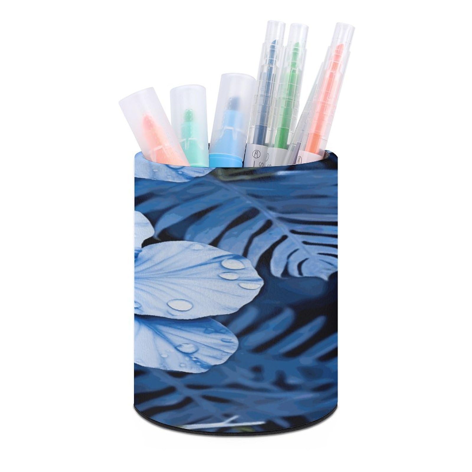 JTREHY Blue Flower Tropical Pen Holder Round Pen Pencil Holder Makeup Brush Holders Cup PU Leather Pencil Cups Desktop Caddy Stationery Organizer Case Office Accessories Container Box
