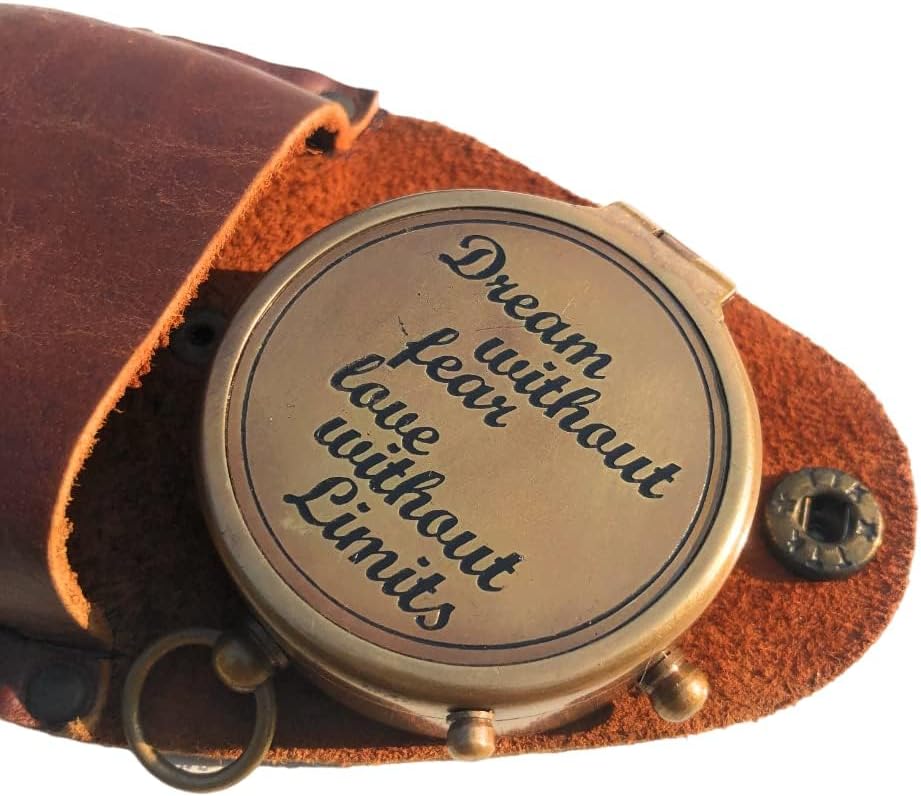 Antique Nautical Vintage Directional Magnetic Compass with Famous Love Quotes Dream Without Fear Love Without Limits Engraved Baptism Gifts with Stamped Leather Case for Loved Ones