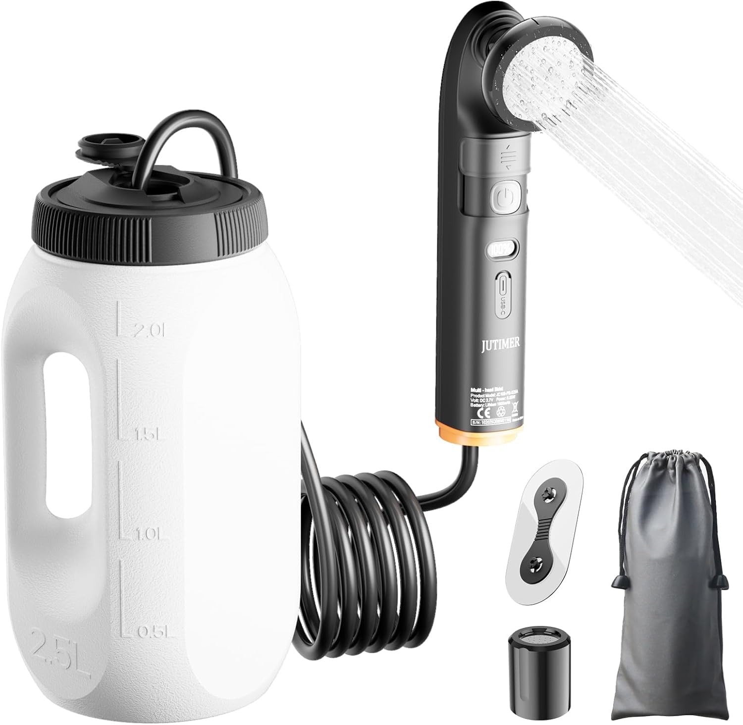 Portable Shower & Bidet for Camping, JUTIMER 2.5L&1600mAh Rechargeable Camping Shower, 2 Showerheads Bidet Sprayer, 2 Modes Waterproof Handheld Bidet, Outdoor Shower Kit for Hiking,Travel, Car,Pet