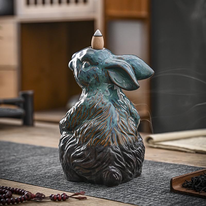 Cute Rabbit Bunny Animal Waterfall Backflow Incense Holder for Sticks,Ceramic Incense Burner with Mat,Tweezers for Home Aromatherapy Ornament Decor AI019