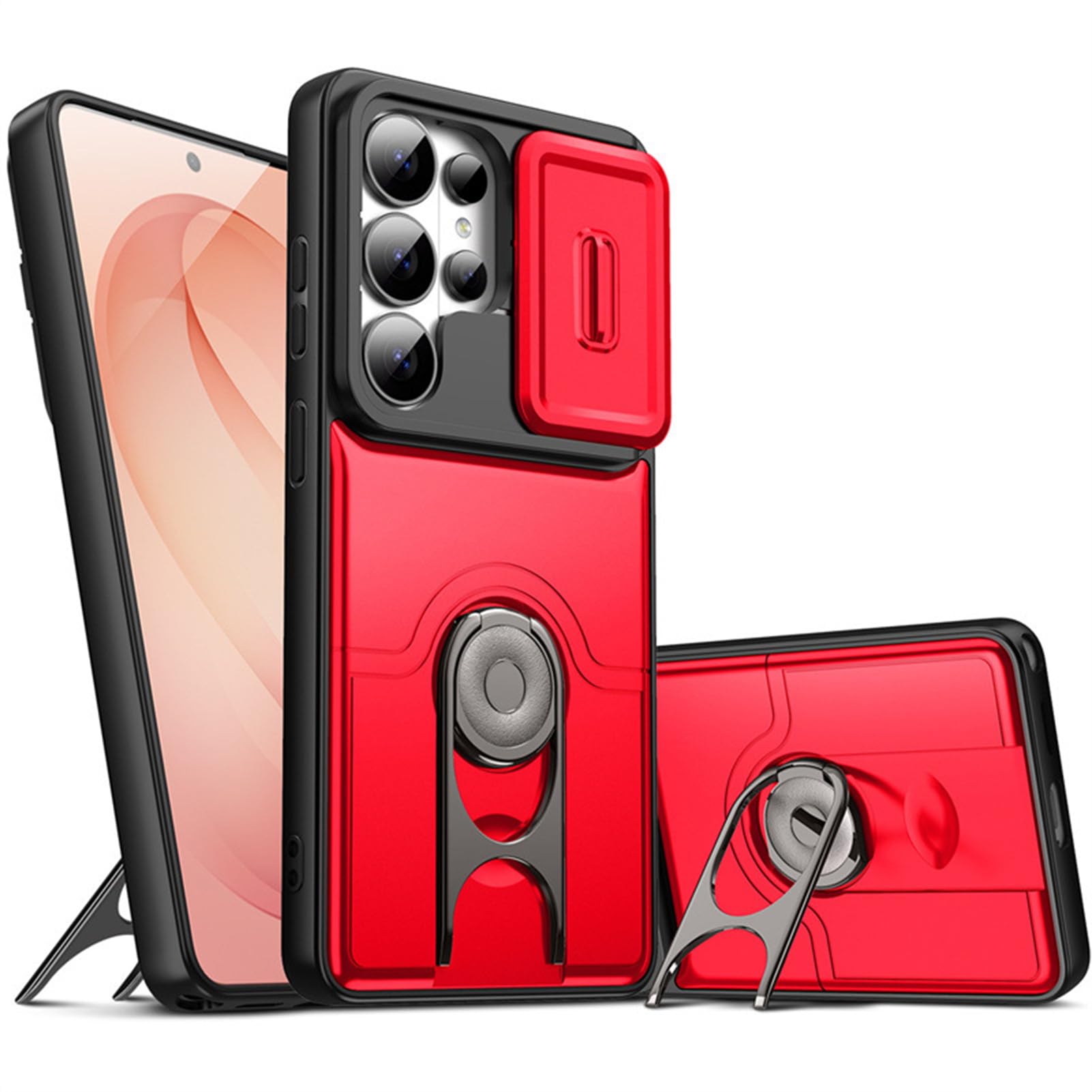 Wielofunkcyjne etui do Samsung Galaxy S26 Ultra/S26+/S26, fajna obrotowa obudowa z pierścieniem obrotowym z pełnym wysuwanym uchwytem na soczewkę, czerwona, S26