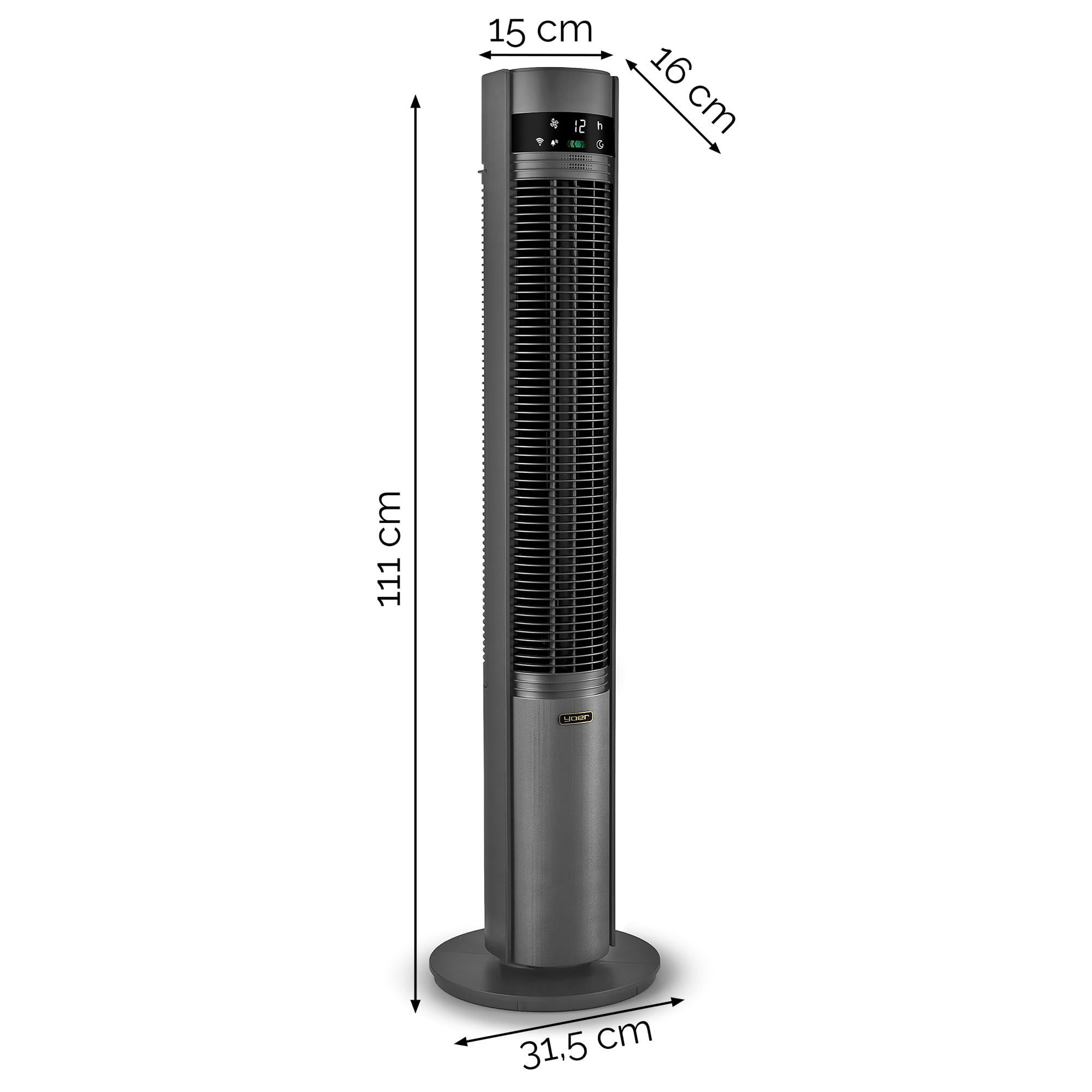 YOER CoolWhisper TF07G Leiser Turmventilator, 19dB, 12 m Wurfweite, WLAN & App, 12 Geschwindigkeitsstufen, 80° Oszillation, Plasma-Ionisator, grau