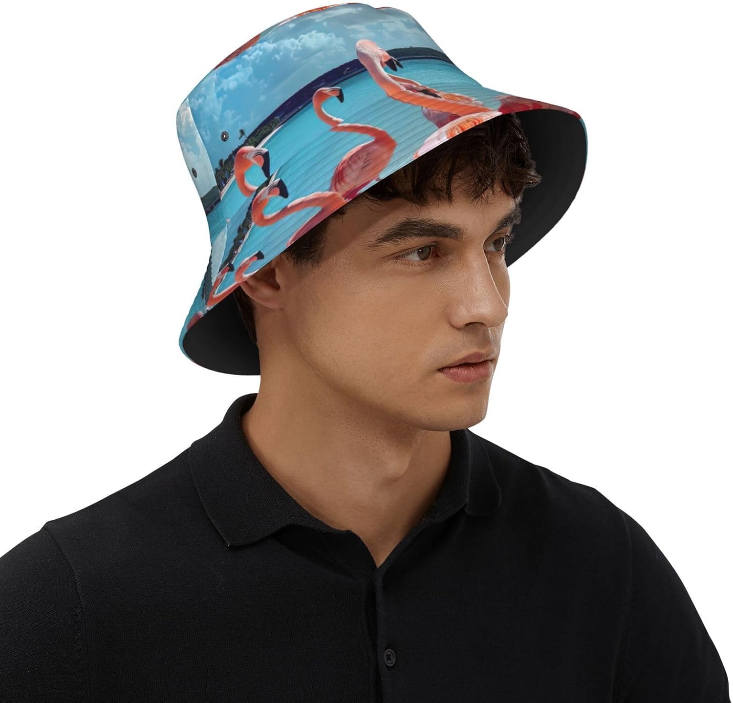 Bucket Hat Flock of Pink Flamingos on The Beach Print Summer Sun Hat Trendy Beach Funny Fisherman Hat for Men Women Unisex