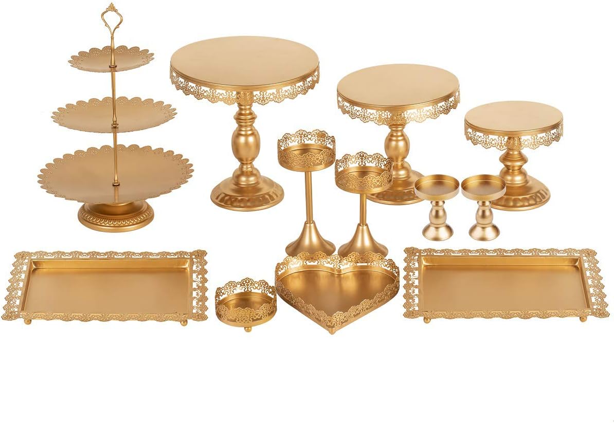 Set of 12 Pieces Gold Metal Cake Stand Set and Pastry Trays Metal Cupcake Stands Set Holder Fruits Dessert Display Plate for Baby Shower Wedding Birthday Party Celebration