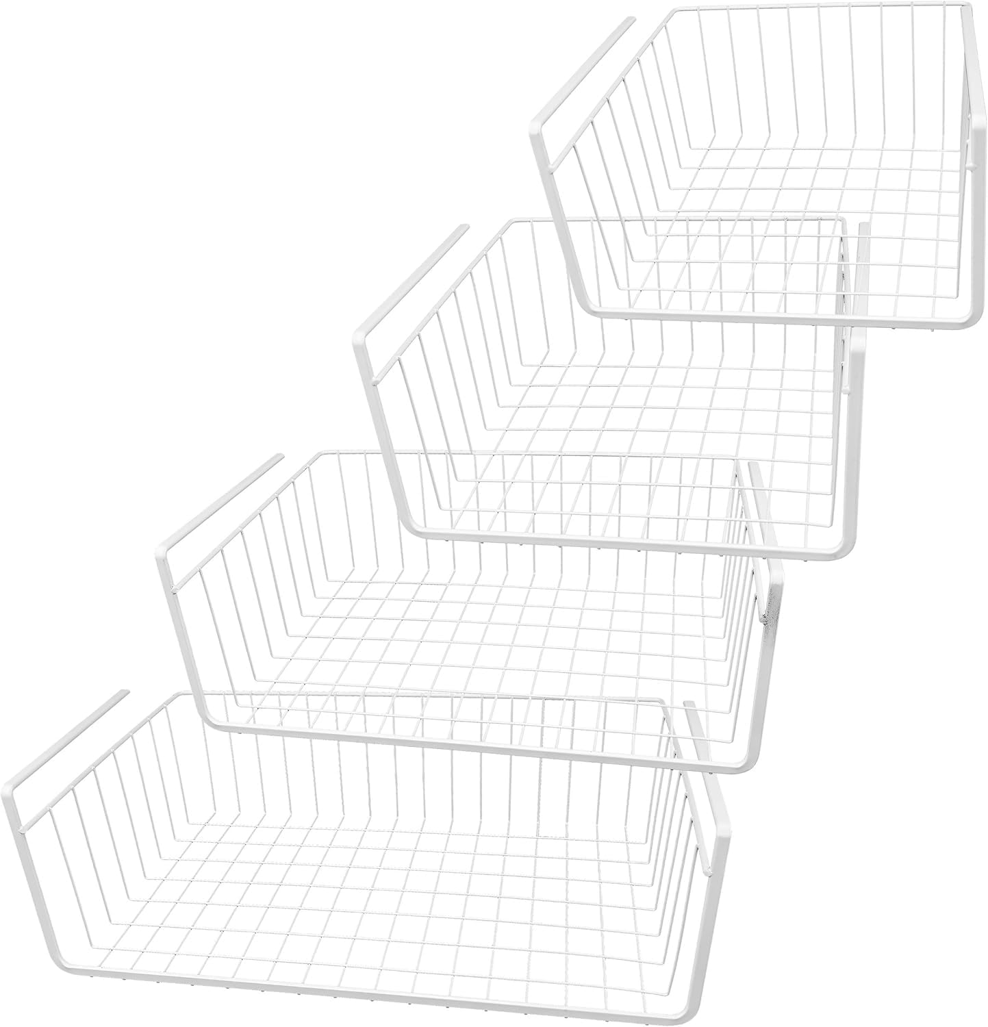 Under Shelf Storage Basket Set – 4-Piece White Wire Hanging Organizer for Kitchen, Pantry, or Cabinet Shelves