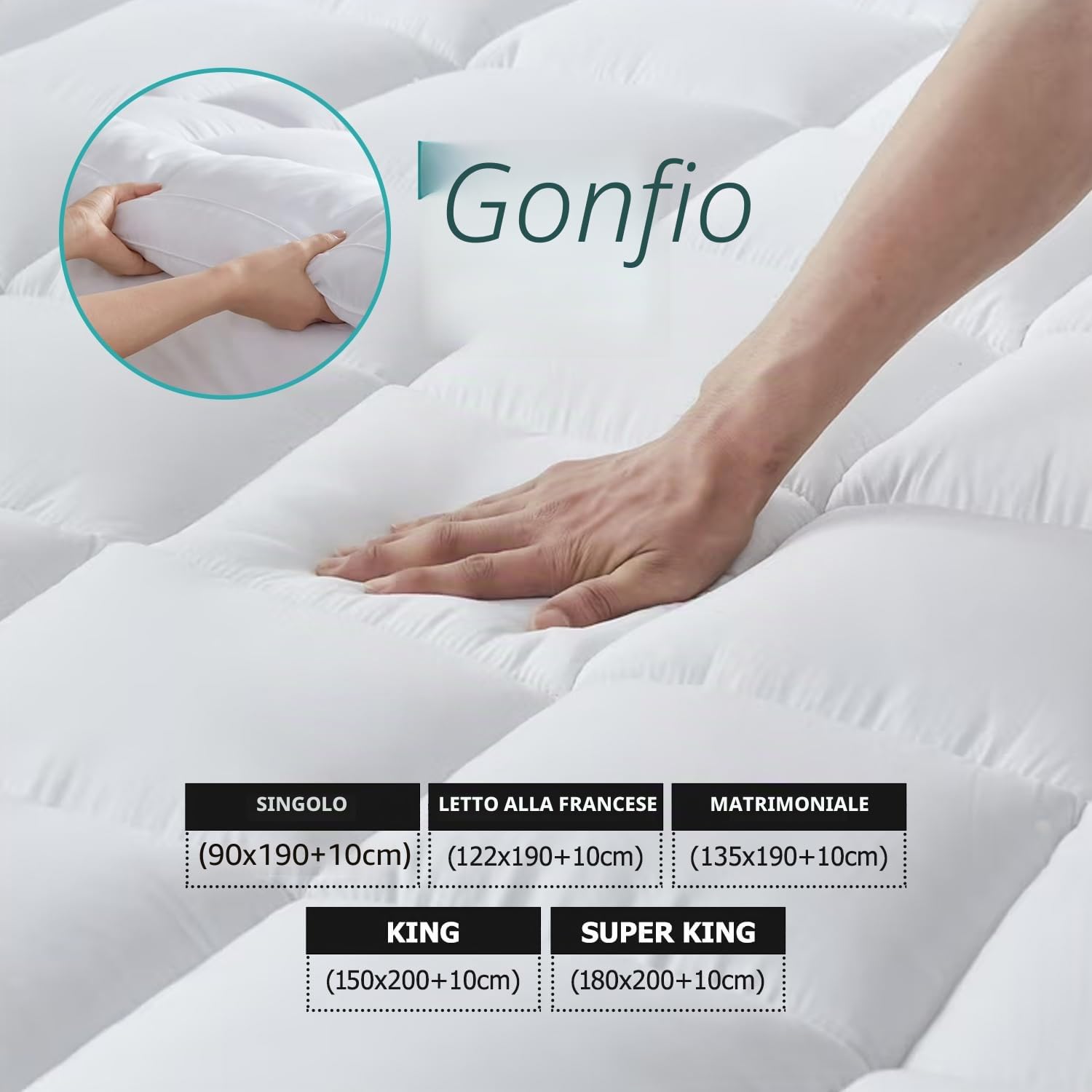 MistyMorning Coprimaterasso per Letto Singolo 10cm - Qualità Hotel, Ultra Morbido Ipoallergenico con Imbottitura Pesante in Microfibra, Fascette Elastiche - Protezione Anti-Acari (Singolo (90x190+10cm