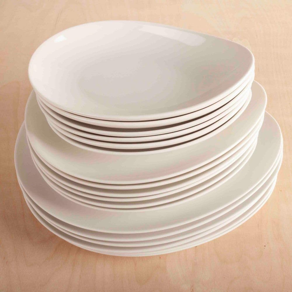 FranquiHOgar - Juego de 18 Platos de Porcelana Blanca para Servir - 6 Grandes, 6 Medianos, 6 de Postre - Apto Microondas y Lavavajillas, Blanco Huevo, Porcelana