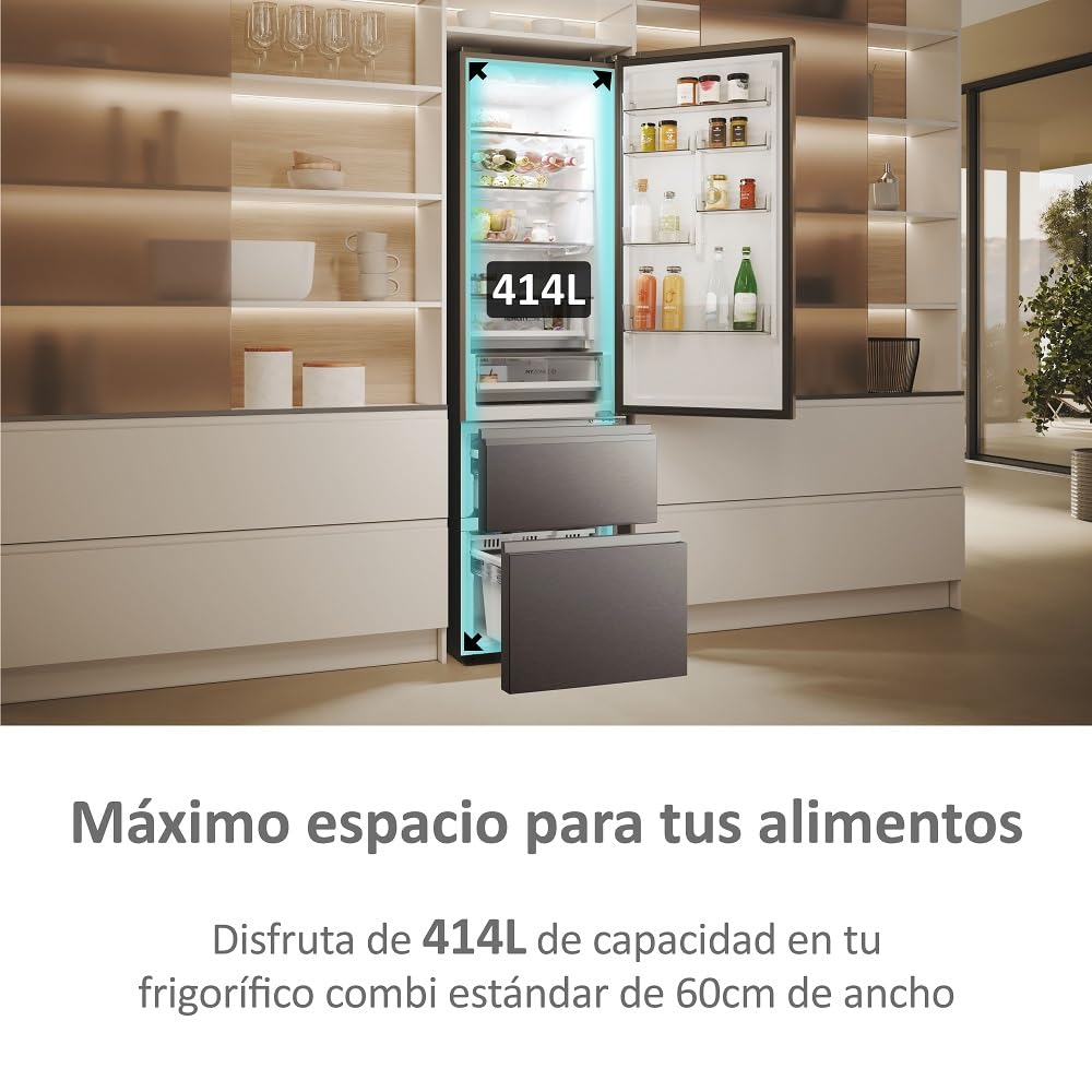 Haier 3D 60 Series 5 HTW5620CNMP - Frigorífico Combi, Cajones Direct Access, WIFI, Botellero, Motor Inverter, My Zone Pro, Humidity Zone, Total No Frost, AnxAl 59,5x205cm, 414L, Luz LED, Inox oscuro
