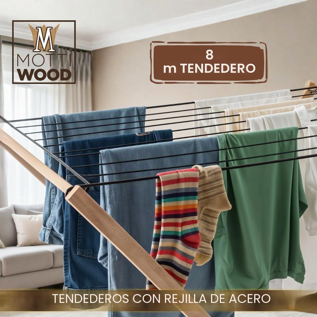 Tendedero Premium para ahorrar espacio, 8 m, tendedero con rejilla de metal plegable, dimensiones 92 x 67 x 92 (alt.) cm, estructura de madera de haya, fabricado en Italia