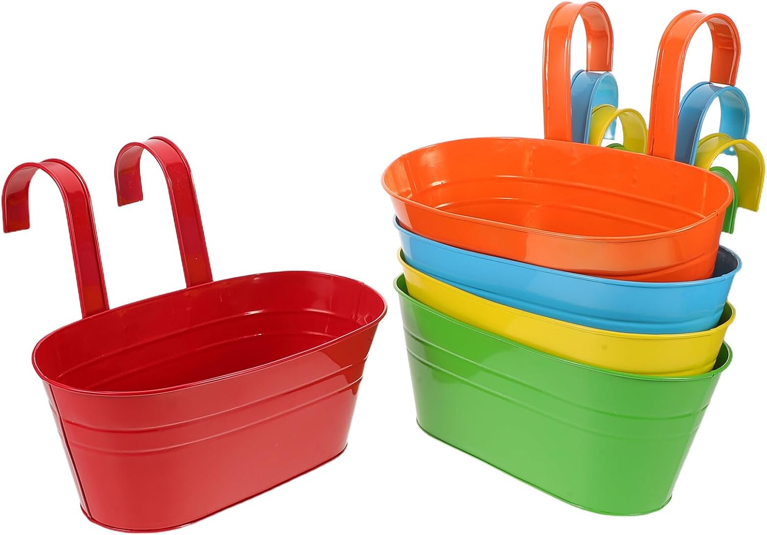 5pcs Metal Hanging Flower Pots Wall Hanging Buckets Indoor Outdoor Balcony Planters Oval Iron Railing Planter Pots for Deck Fence Garden Decoration