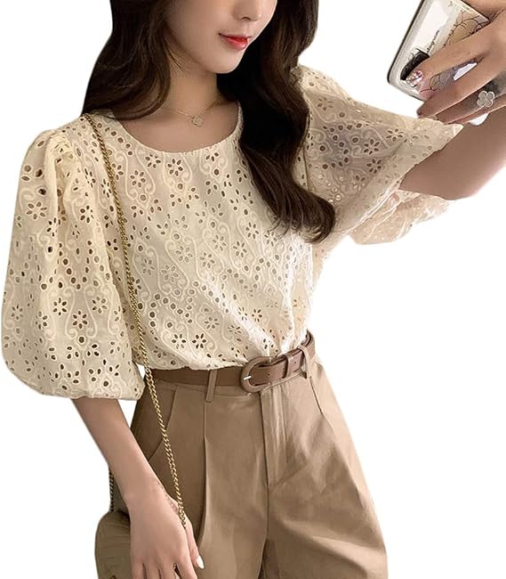 Amazon Yyq Shop ブラウス レディース レース シャツ 半袖 トップス 透け感 パフスリーブ 可愛い カットソー カジュアル きれいめ 夏物 大きいサイズ 通勤 シャツ ブラウス 通販