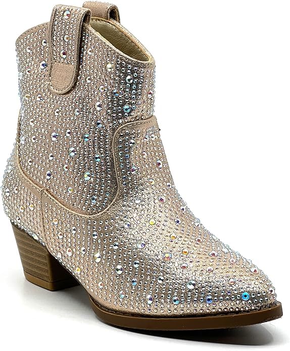 Women Rhinestone Block Chunky Heel Ankle Bootie River-01 Champagne 9