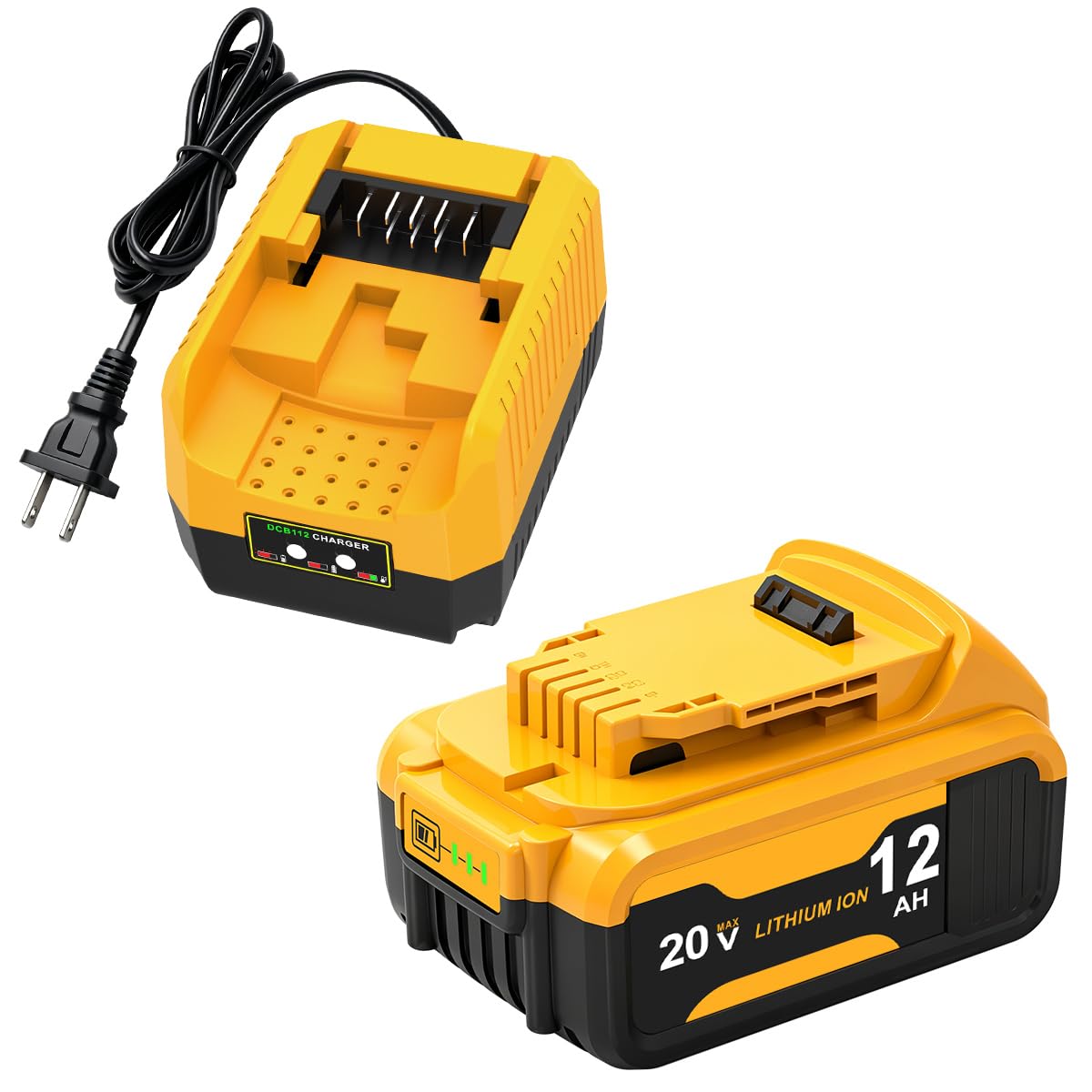 1-Pack 12Ah Battery Replacement for Dewalt 20v Battery with DCB112 Battery Charger Station(Yellow)