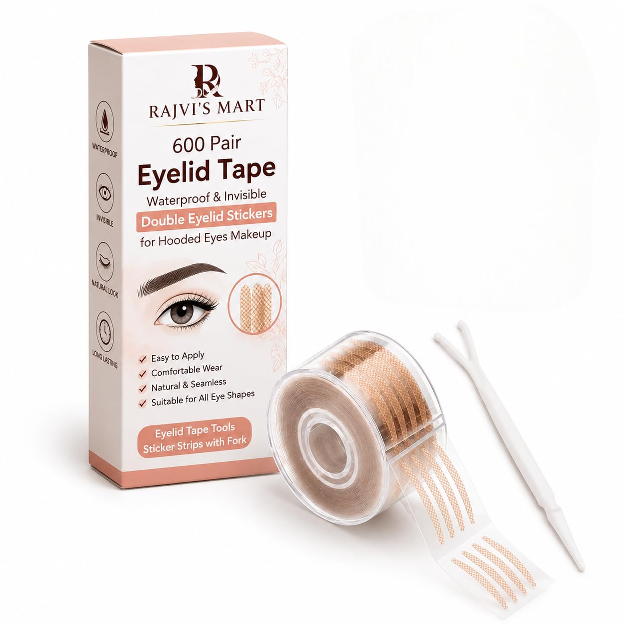 600 Pair Eyelid Tape | Waterproof & Invisible Double Eyelid Stickers for Hooded Eyes Makeup | Eyelid Tape Tools Sticker Strips with Fork | Double Sided with Premium Looks Roll Case-image-33