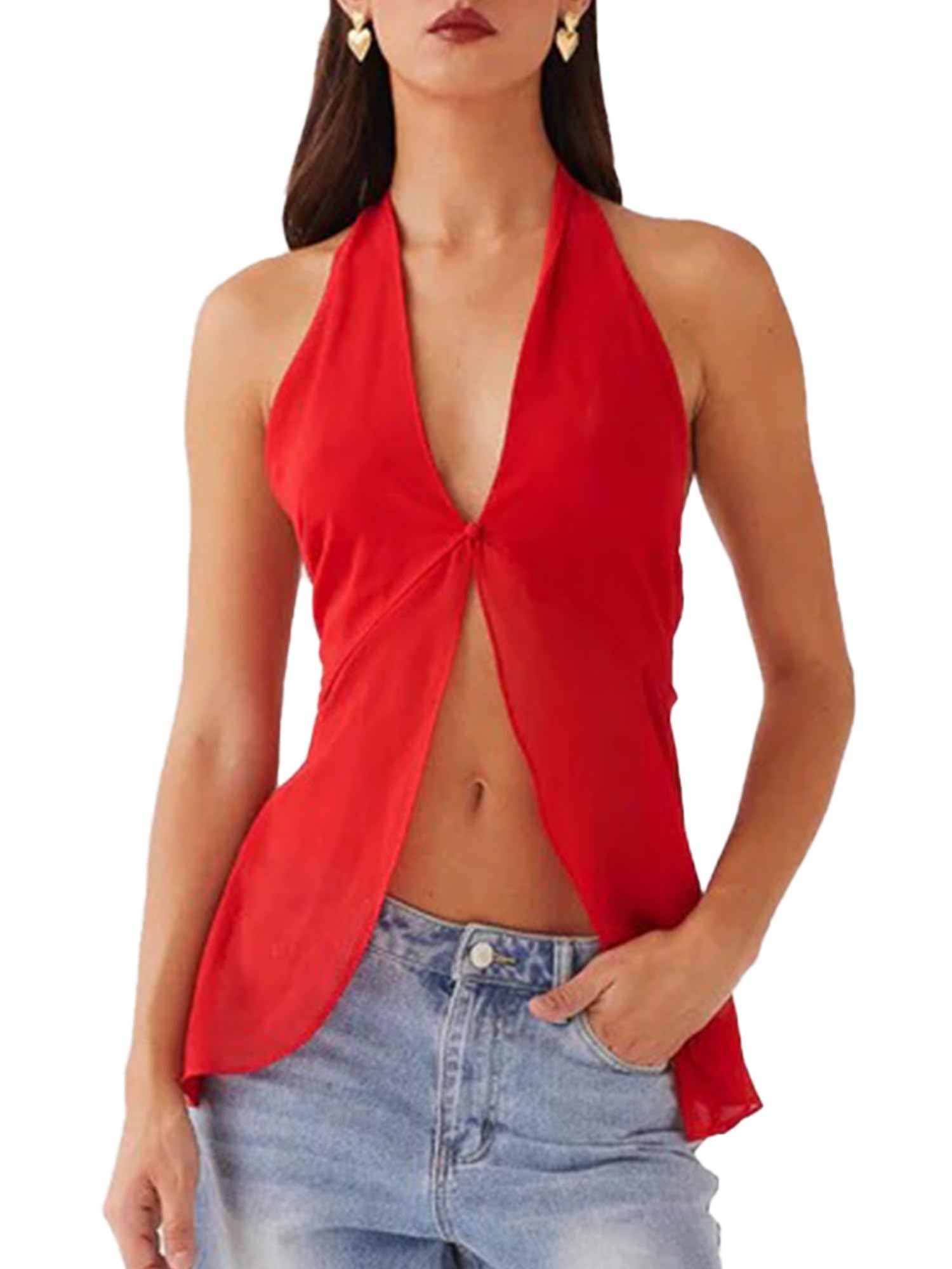 Sexy Outfit Top con Cuello Halter para Mujer, Blusa sin Mangas de Gasa Transparente con Cuello en V Profundo y Espalda Abierta, Top Elegante para Fiesta de Verano