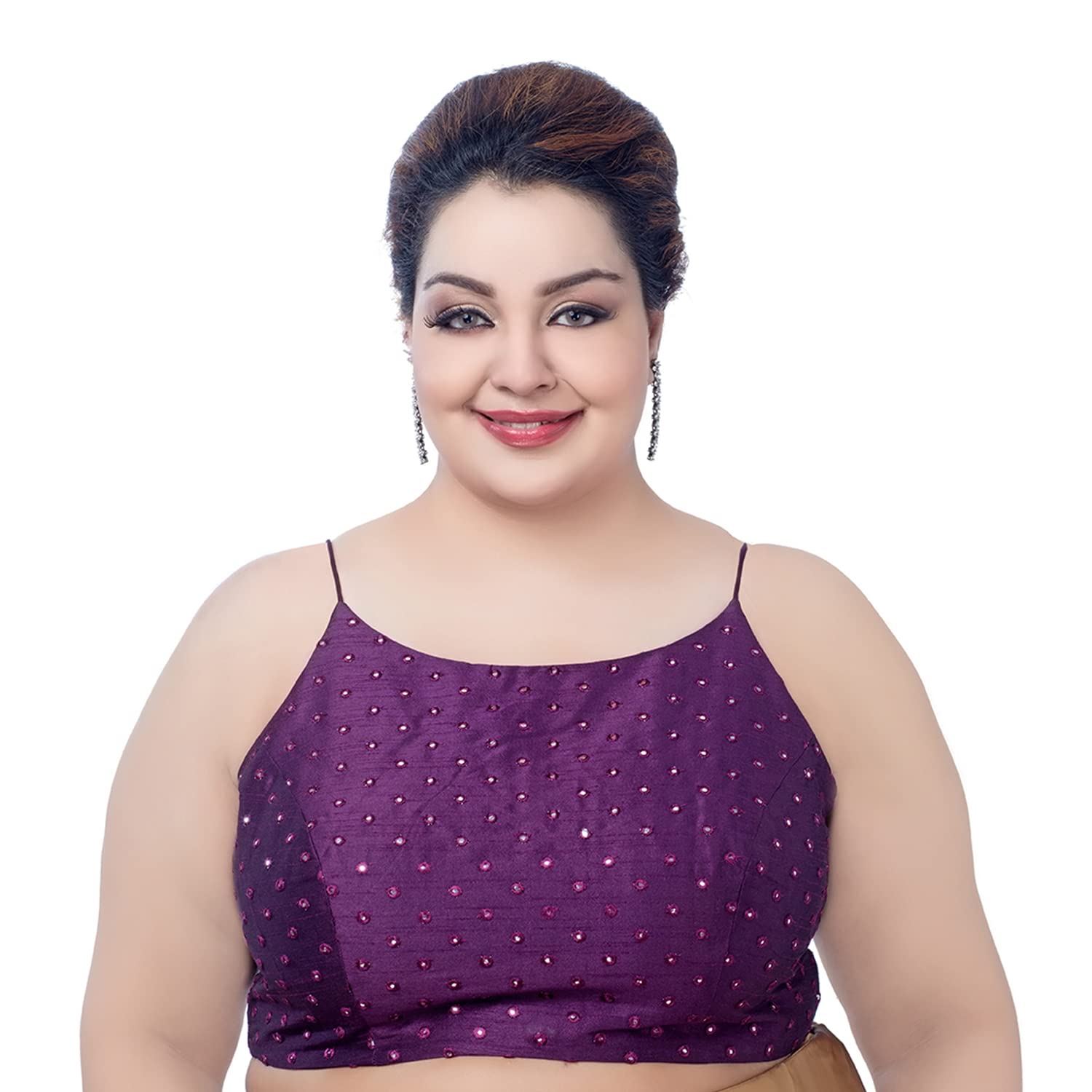 Femmibella Enchanting Reflections: Mirror Work Silk Violet Spaghetti Plus Size Readymade Princess Cut Saree Blouse - Embrace Elegance with a Touch of Sparkle
