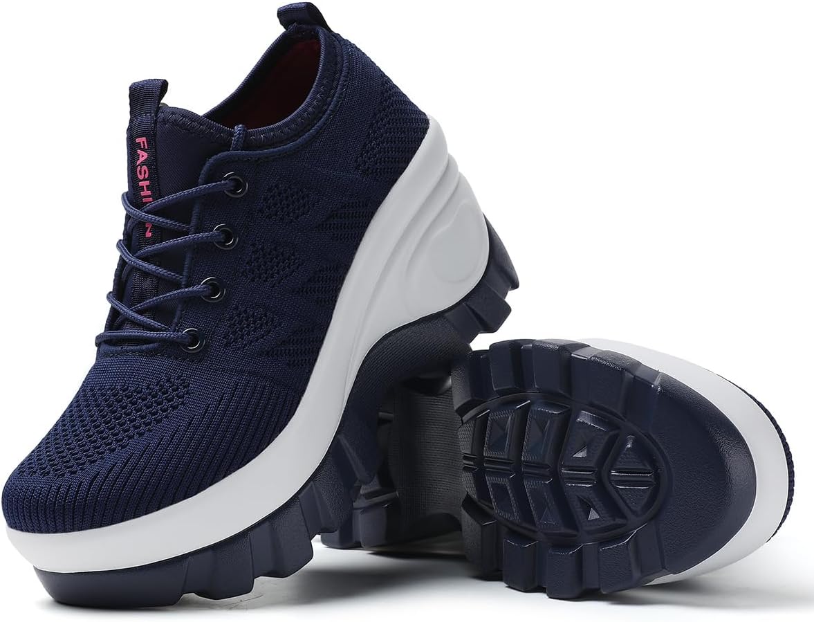 Women's Chunky Platform Comfort Orthopedic Wedge Walking Shoes Fashion Knitted Breathable Lace Up Lug Sole Casual Non-Slip Running Shoes with Arch Support - Image 4