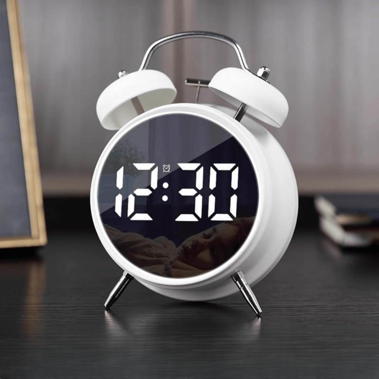 Small Electronic LED Twin Bell Alarm Clock, Bedside Loud Metal Alarm Clock for Heavy Sleepers, Digital Alarm Clock for Adults, Plug in or Battery Operated White