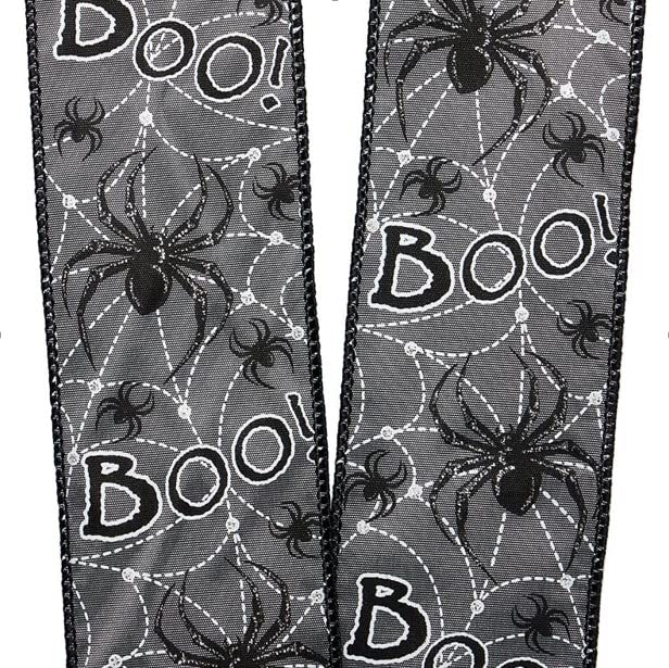 Image of Boo! Spiders Halloween Wired Ribbon - 2 1 /2 inch x 10 Yards, Gray & Black, White Webs, Bows, Wreath, Party Decor, Gift Basket, Classroom, Office, Haunted House