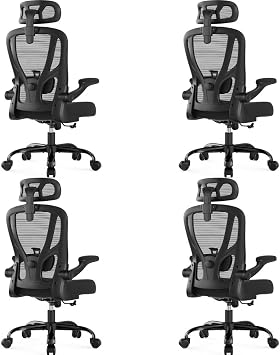 Office Chair Ergonomic Desk Chair - Mesh High Back Office Chair with Headrests Wheels Lumbar Support Home Desk Office Chairs Flip up Armrest Executive Rolling Computer Chair Black 4 Pack