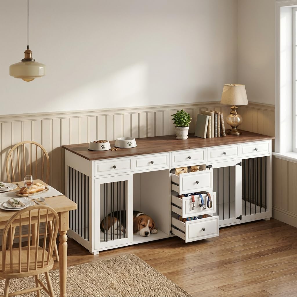 Möbel Hundekäfig TV-Schrank, Doppel-Hundebox mit 8 Schubladen 200x60x85cm