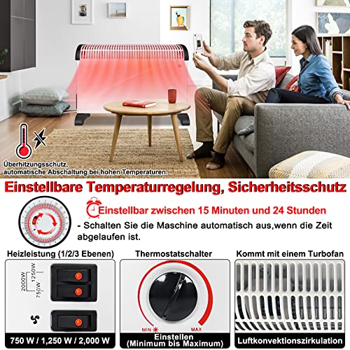 Yznahre Elektrische verwarming, ventilatorkachel, energiebesparend, stil, 2000 W, convectorverwarming, met 24 uurs timer, 3 standen, elektrische verwarmingstoestellen, geschikt voor woonkamer, slaapkamer, kantoor - Afbeelding 6