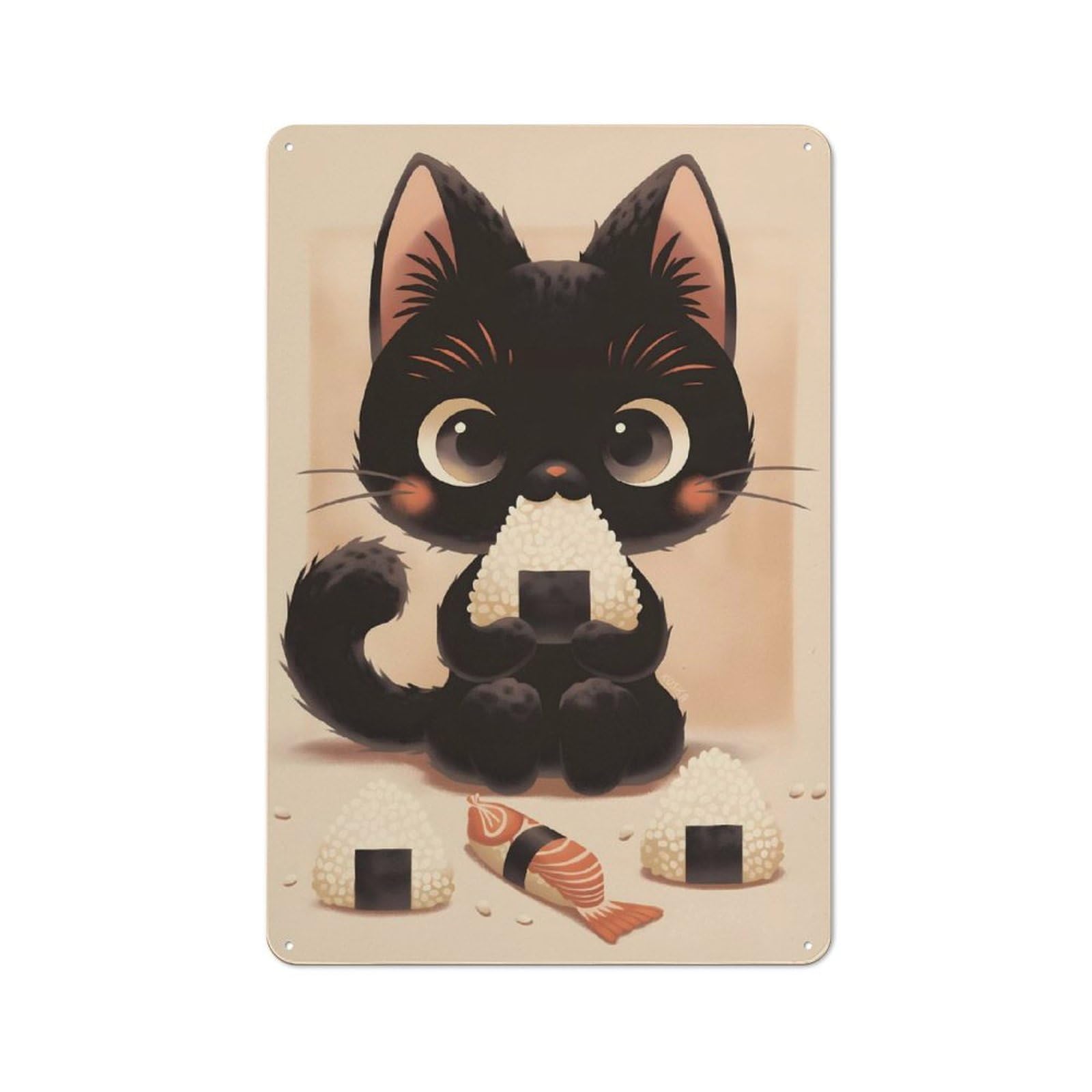 Junmoney Style-4 Black Cat Eating Onigiri Vintage Metal Sign 30X20cm For Hobby Room Or Studio, Housewarming Present For People Styling Hobby Room And Studio